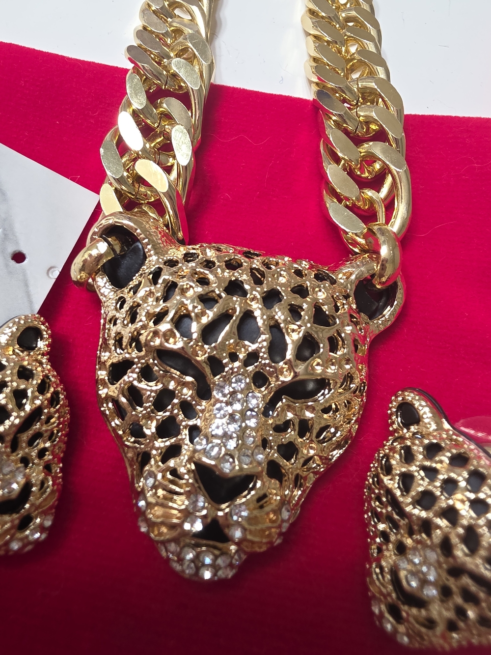 Gold-Tone Leopard Head Statement Necklace Set with Rhinestones Gold Plated Only.